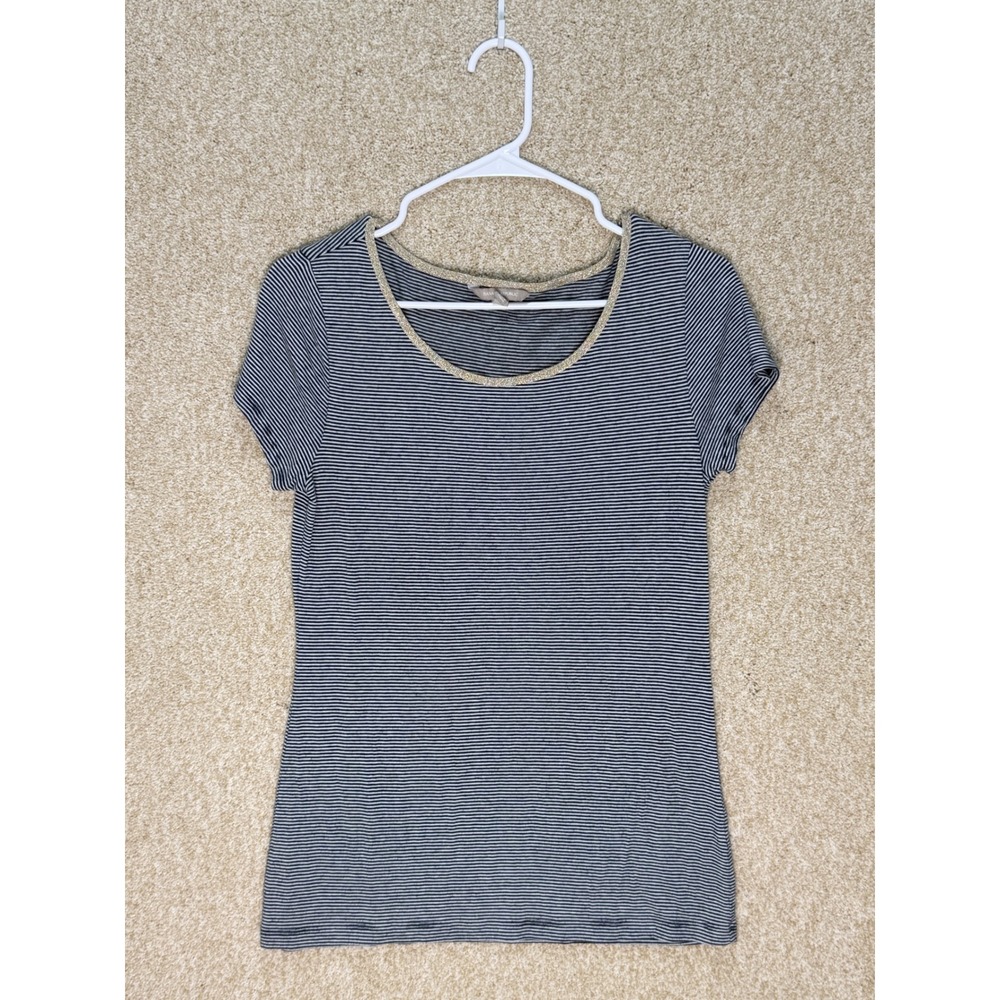 Flawed 2014 Banana Republic top Navy White Striped Lurex Trim tshirt medium